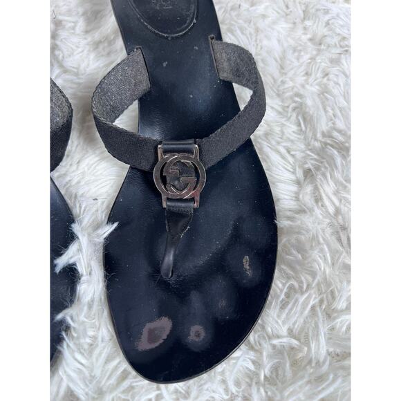 Gucci Shoes Womens Size 8 Black Logo Leather Sandals Slide Thong Made in Italy - Picture 3 of 14